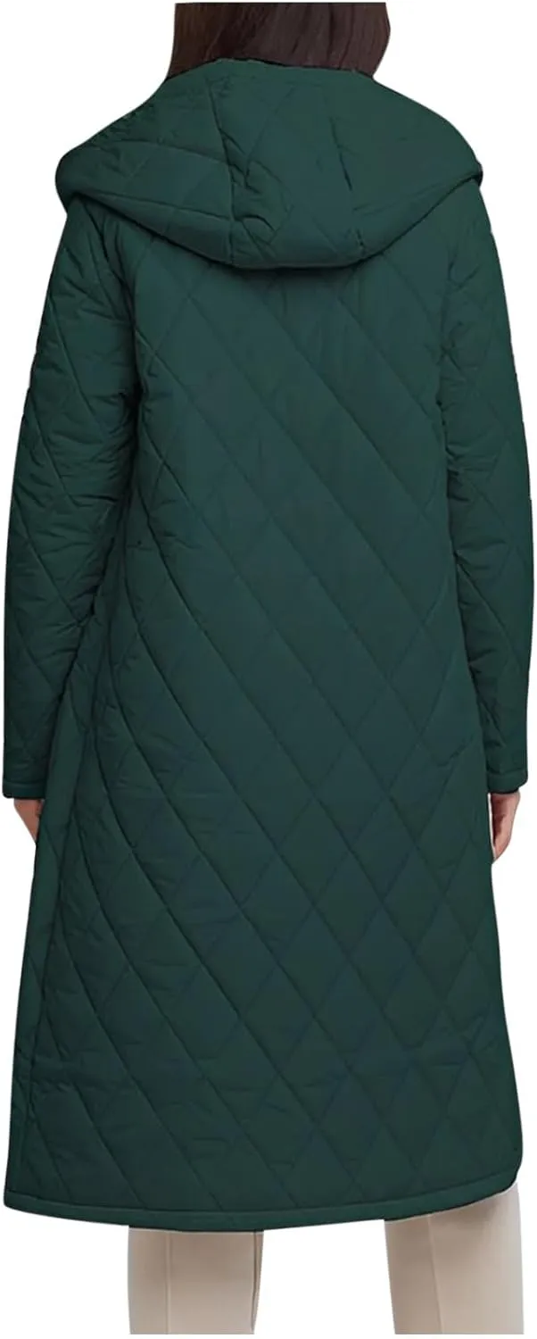 HGps8w Women's Mid-Long Quilted Wrap Coat Hooded Long Sleeve Puffer Jacket Winter Warm Padded Down Coats Elegant Outerwear