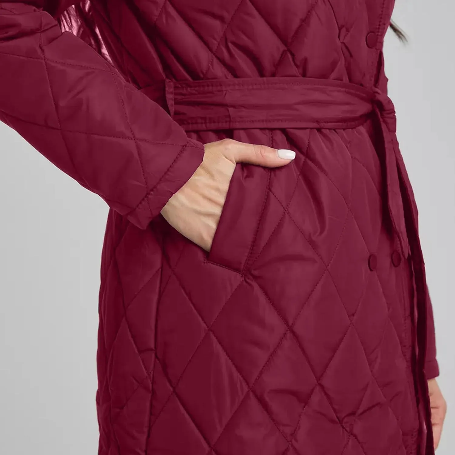 HGps8w Women's Mid-Long Quilted Wrap Coat Hooded Long Sleeve Puffer Jacket Winter Warm Padded Down Coats Elegant Outerwear