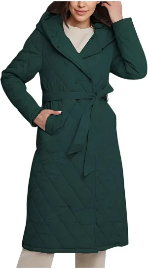 HGps8w Women's Mid-Long Quilted Wrap Coat Hooded Long Sleeve Puffer Jacket Winter Warm Padded Down Coats Elegant Outerwear