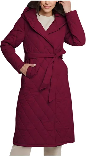 HGps8w Women's Mid-Long Quilted Wrap Coat Hooded Long Sleeve Puffer Jacket Winter Warm Padded Down Coats Elegant Outerwear