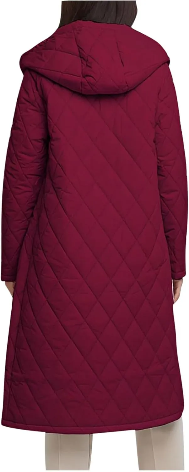 HGps8w Women's Mid-Long Quilted Wrap Coat Hooded Long Sleeve Puffer Jacket Winter Warm Padded Down Coats Elegant Outerwear