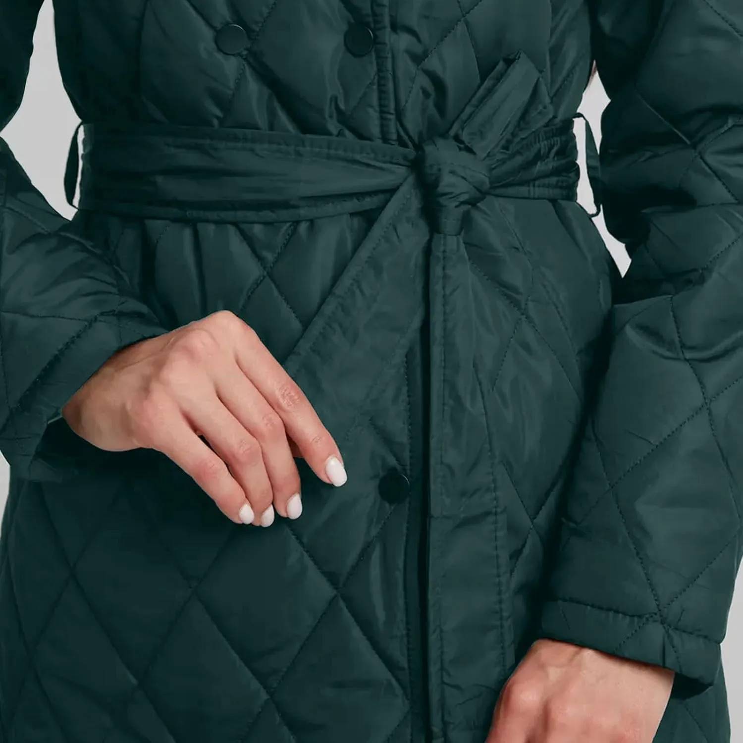 HGps8w Women's Mid-Long Quilted Wrap Coat Hooded Long Sleeve Puffer Jacket Winter Warm Padded Down Coats Elegant Outerwear