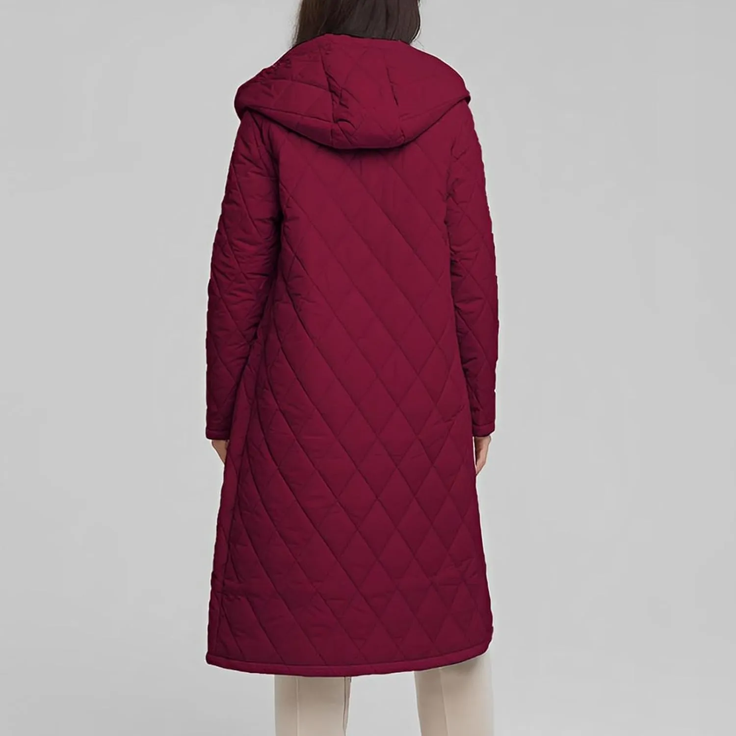 HGps8w Women's Mid-Long Quilted Wrap Coat Hooded Long Sleeve Puffer Jacket Winter Warm Padded Down Coats Elegant Outerwear