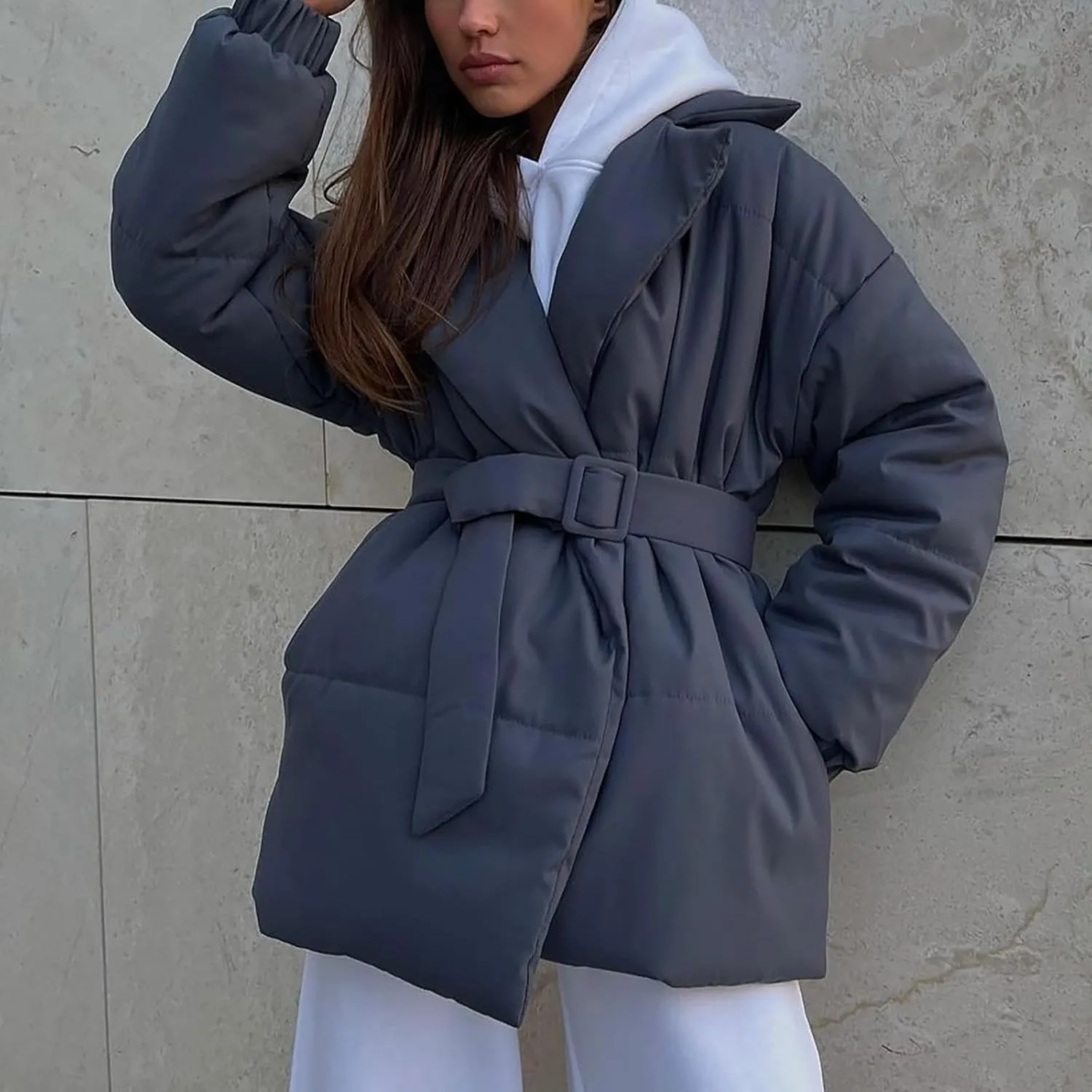 HGps8w Women's Winter Quilted Down Coat with Belt, Oversized Wrap Padded Warm Outerwear Puffer Jackets with Pockets