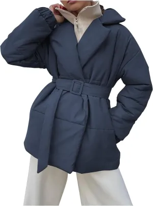 HGps8w Women's Winter Quilted Down Coat with Belt, Oversized Wrap Padded Warm Outerwear Puffer Jackets with Pockets