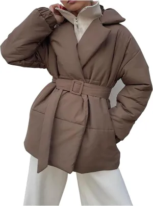 HGps8w Women's Winter Quilted Down Coat with Belt, Oversized Wrap Padded Warm Outerwear Puffer Jackets with Pockets