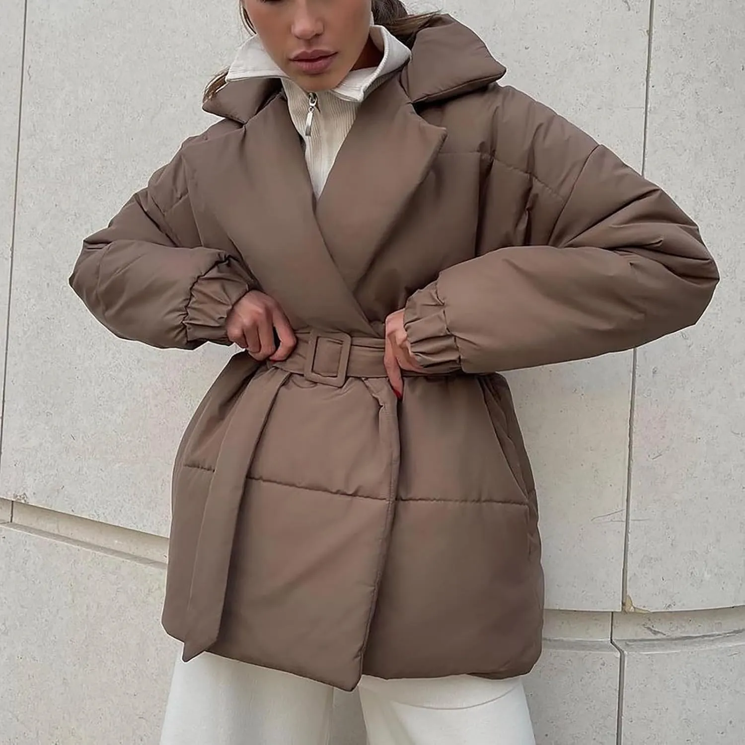 HGps8w Women's Winter Quilted Down Coat with Belt, Oversized Wrap Padded Warm Outerwear Puffer Jackets with Pockets