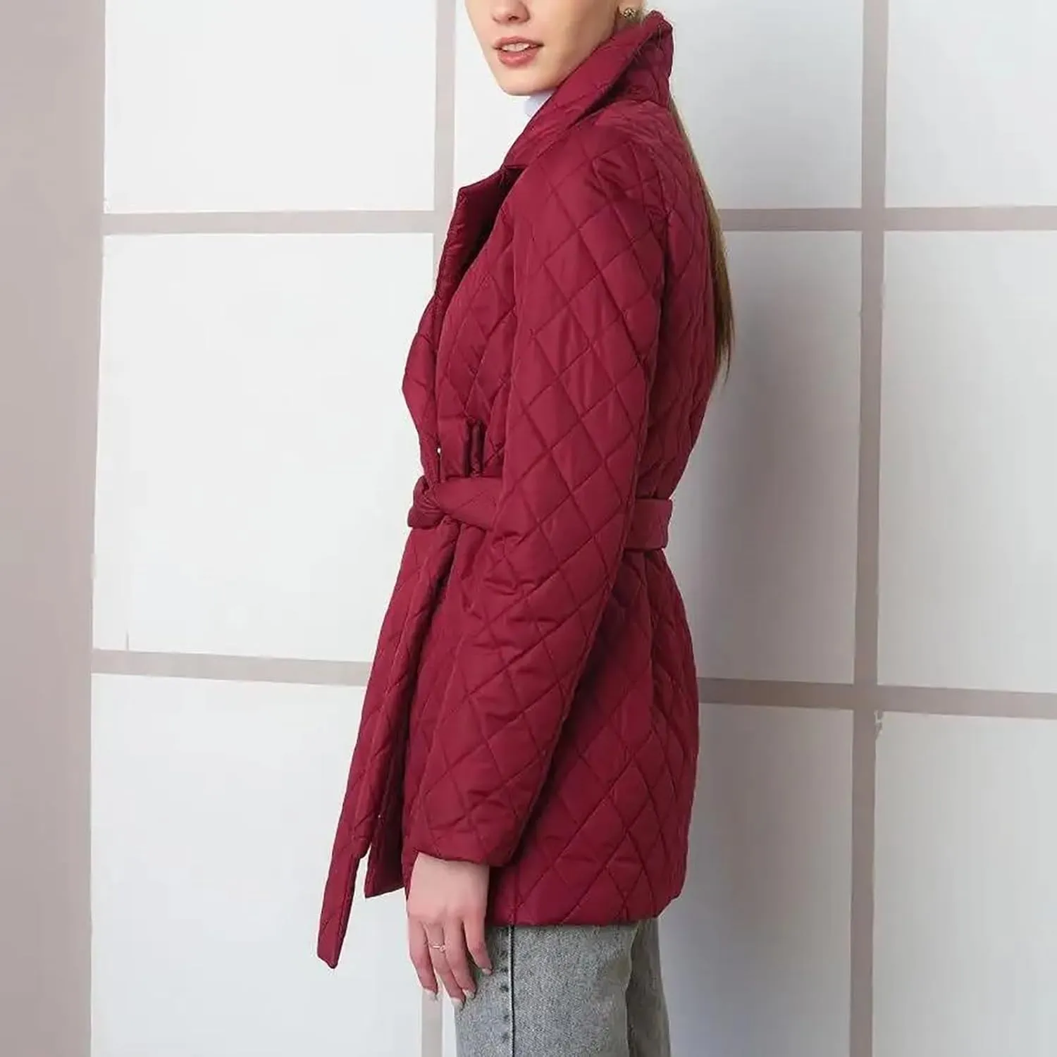 HGps8w Women's Winter Quilted Wrap Coat with Belt, Mid-Long Lapel Warm Padded Down Puffer Jacket Elegant Overcoat