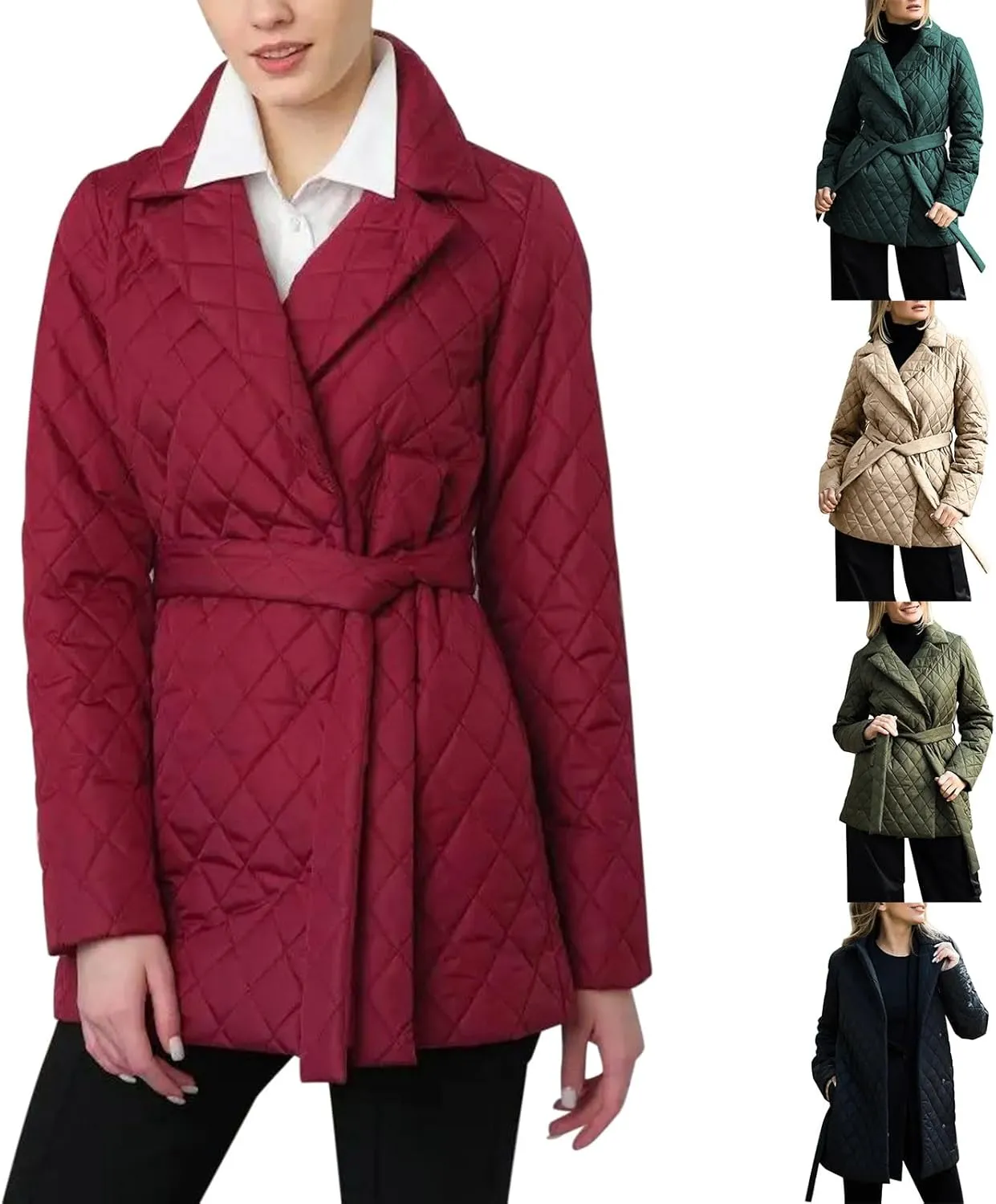 HGps8w Women's Winter Quilted Wrap Coat with Belt, Mid-Long Lapel Warm Padded Down Puffer Jacket Elegant Overcoat