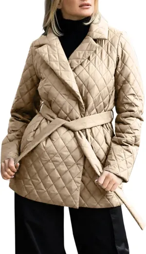 HGps8w Women's Winter Quilted Wrap Coat with Belt, Mid-Long Lapel Warm Padded Down Puffer Jacket Elegant Overcoat