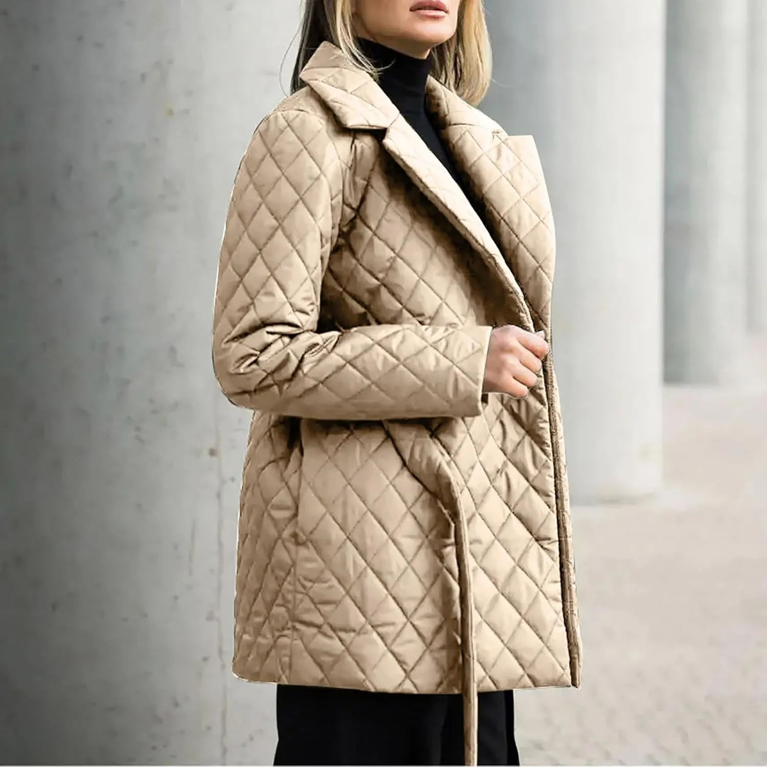HGps8w Women's Winter Quilted Wrap Coat with Belt, Mid-Long Lapel Warm Padded Down Puffer Jacket Elegant Overcoat