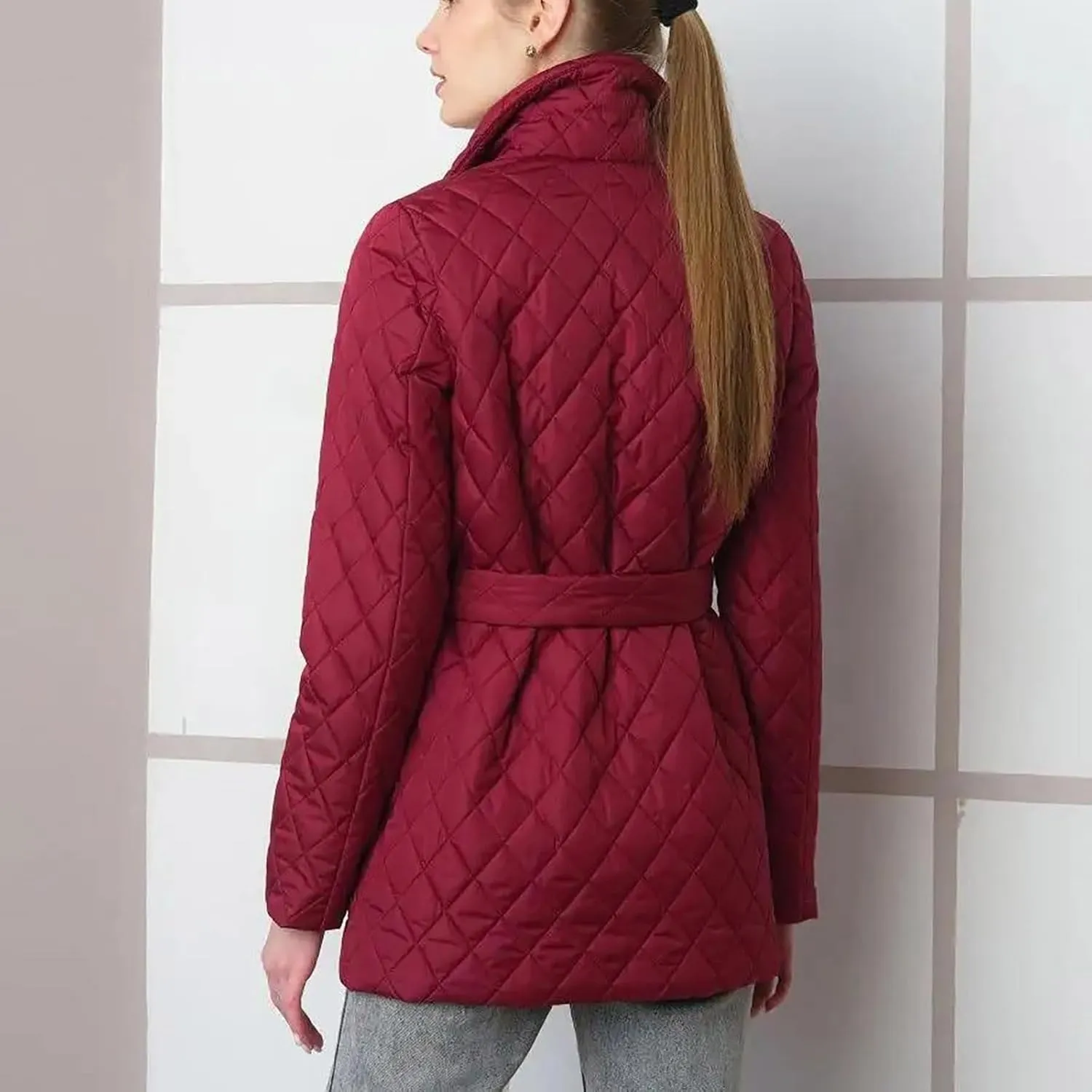 HGps8w Women's Winter Quilted Wrap Coat with Belt, Mid-Long Lapel Warm Padded Down Puffer Jacket Elegant Overcoat