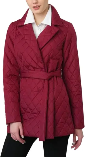 HGps8w Women's Winter Quilted Wrap Coat with Belt, Mid-Long Lapel Warm Padded Down Puffer Jacket Elegant Overcoat
