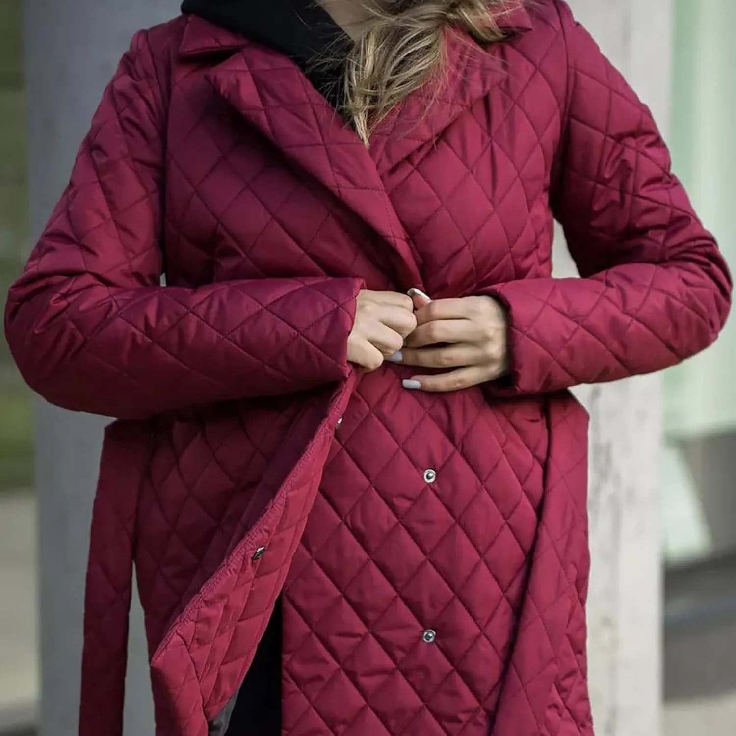HGps8w Women's Winter Quilted Wrap Coat with Belt, Mid-Long Lapel Warm Padded Down Puffer Jacket Elegant Overcoat