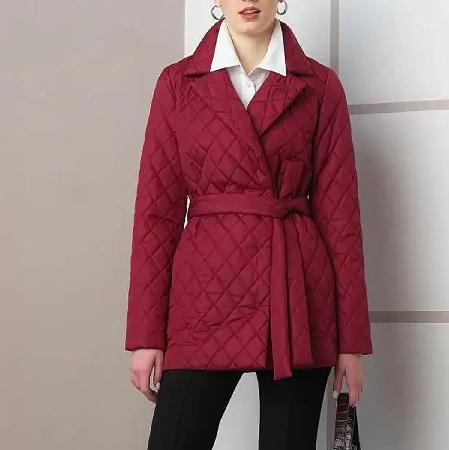HGps8w Women's Winter Quilted Wrap Coat with Belt, Mid-Long Lapel Warm Padded Down Puffer Jacket Elegant Overcoat