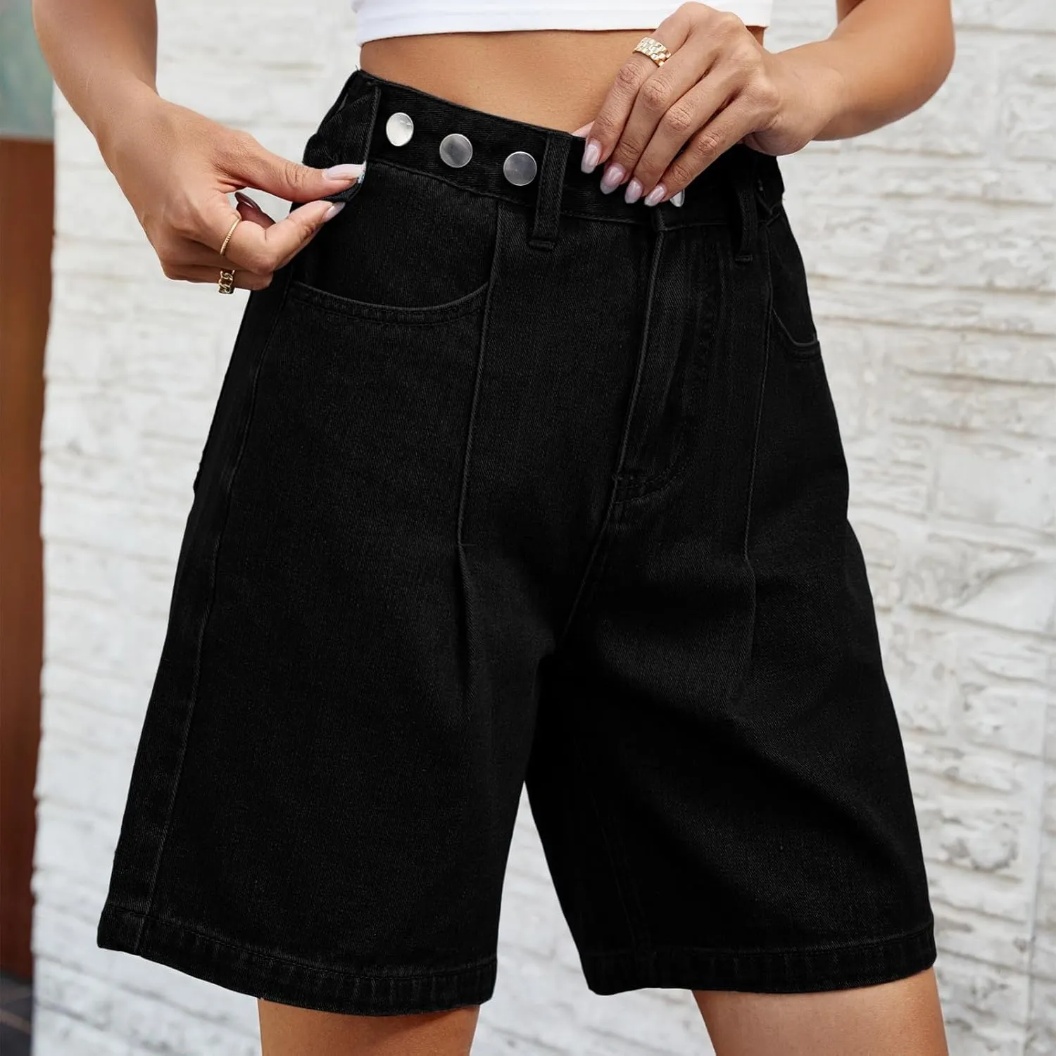 High Waisted Shorts Women Denim Plus Size - Bermuda Mid-Rise Butt Lift Summer Long Denim 5 Inch Inseam with Pockets