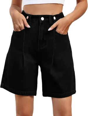 High Waisted Shorts Women Denim Plus Size - Bermuda Mid-Rise Butt Lift Summer Long Denim 5 Inch Inseam with Pockets