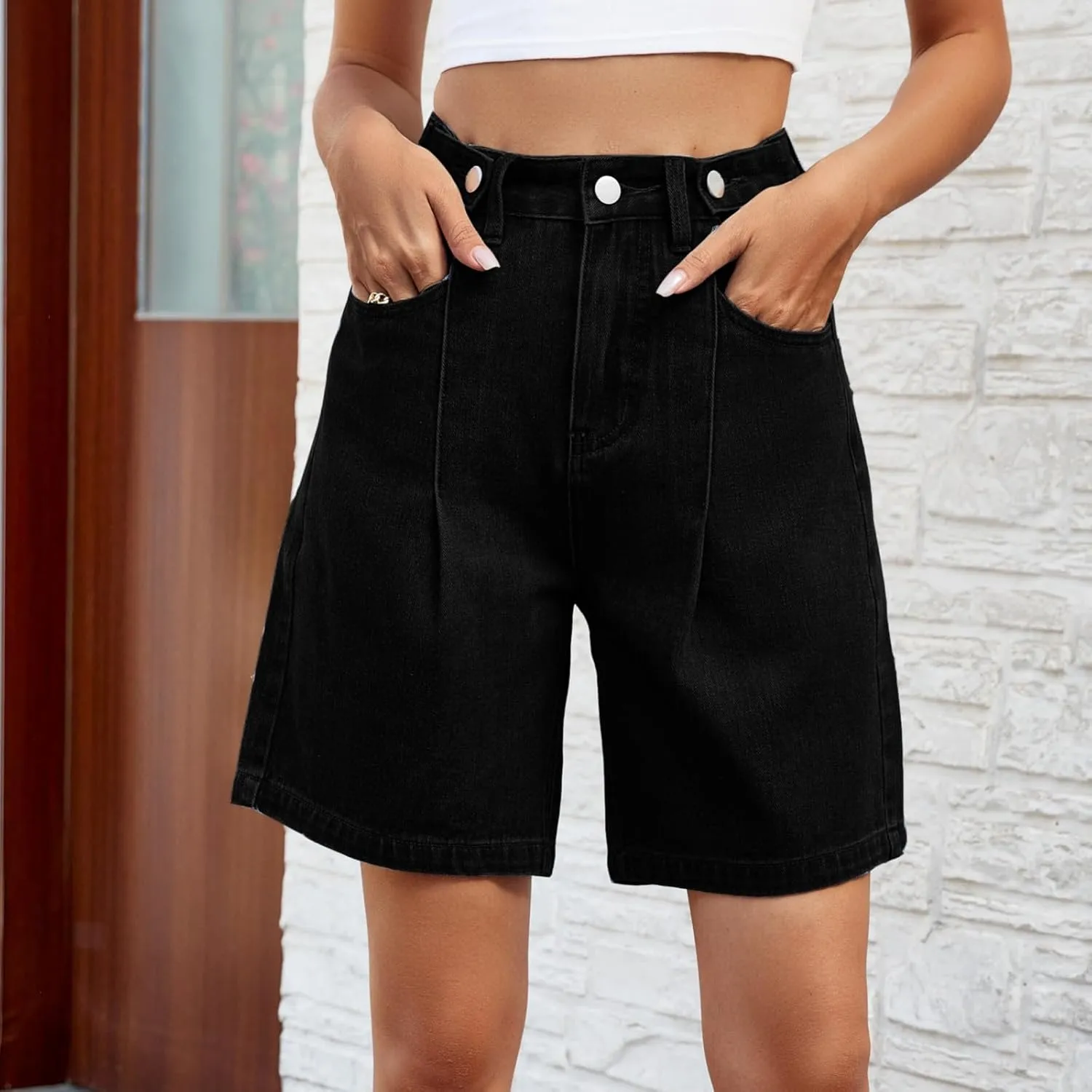 High Waisted Shorts Women Denim Plus Size - Bermuda Mid-Rise Butt Lift Summer Long Denim 5 Inch Inseam with Pockets