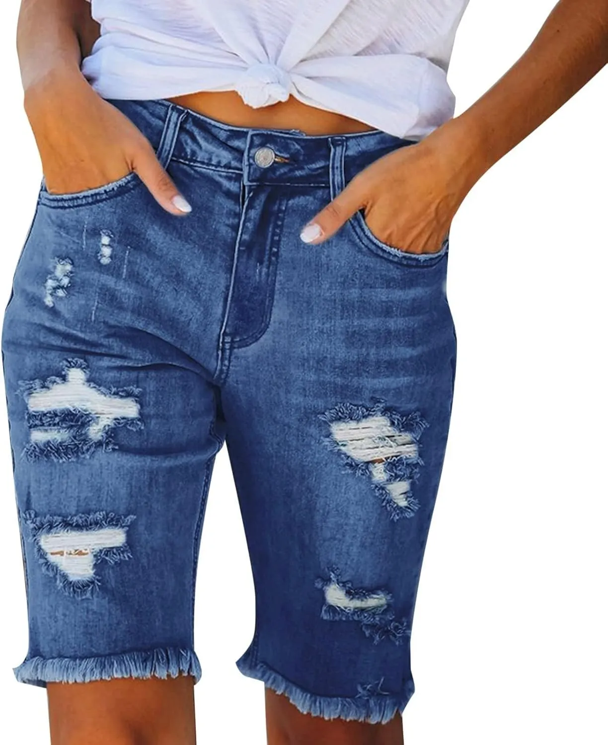 High Waisted Shorts Women Denim White - Bermuda Mid-Rise Butt Lift Summer Long Denim 5 Inch Inseam with Multi Pockets