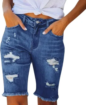 High Waisted Shorts Women Denim White - Bermuda Mid-Rise Butt Lift Summer Long Denim 5 Inch Inseam with Multi Pockets
