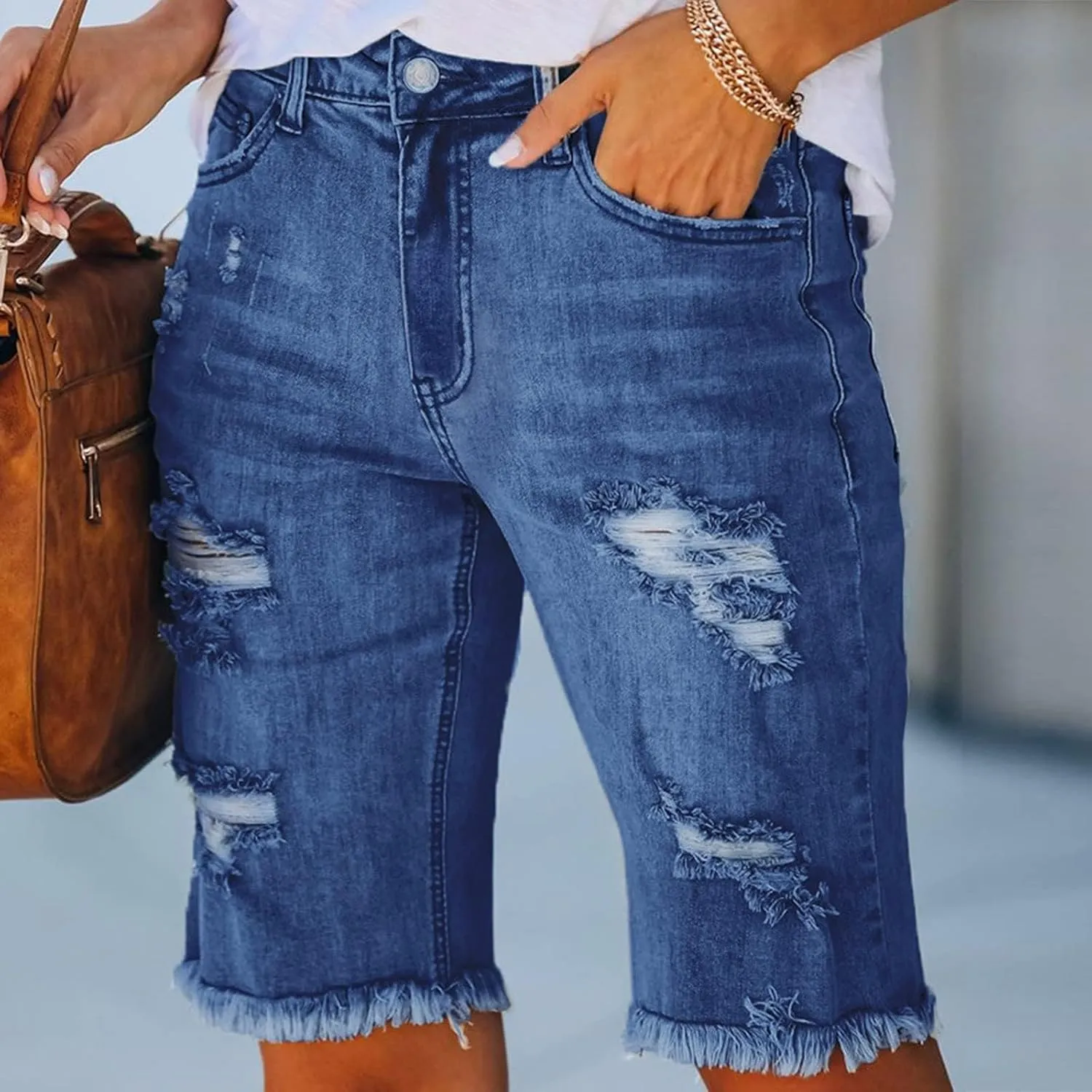 High Waisted Shorts Women Denim White - Bermuda Mid-Rise Butt Lift Summer Long Denim 5 Inch Inseam with Multi Pockets