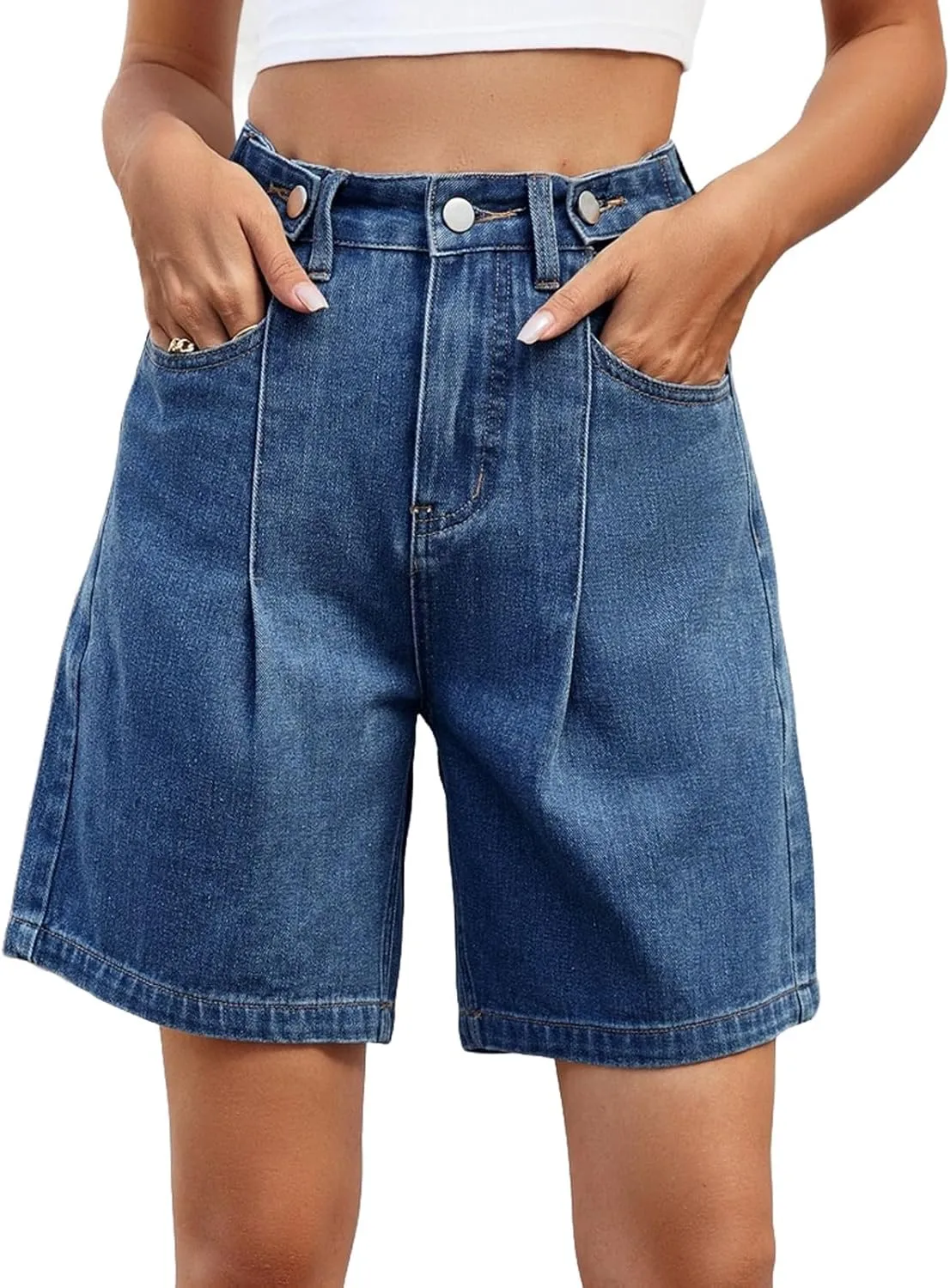 High Waisted Shorts Women Denim White - Bermuda Mid-Rise Butt Lift Summer Long Denim 5 Inch Inseam with Multi Pockets