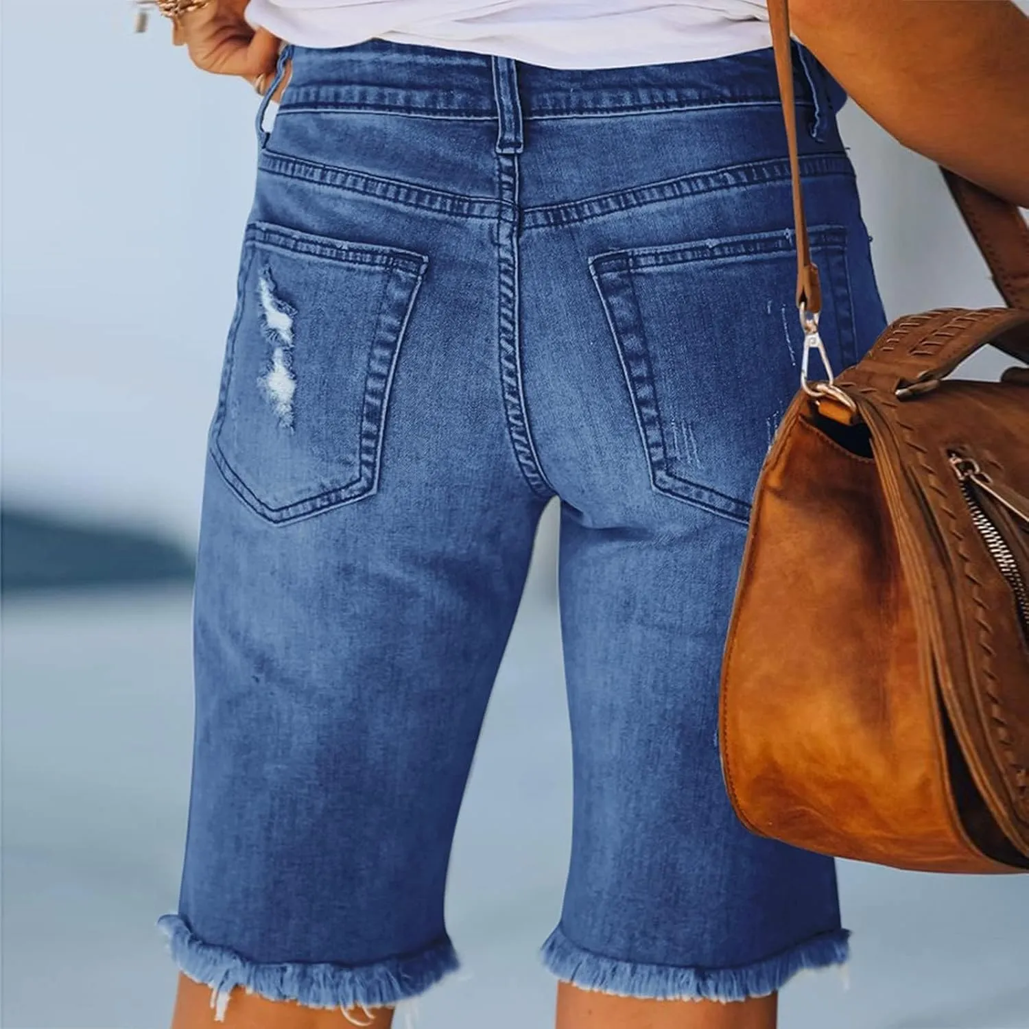 High Waisted Shorts Women Denim White - Bermuda Mid-Rise Butt Lift Summer Long Denim 5 Inch Inseam with Multi Pockets