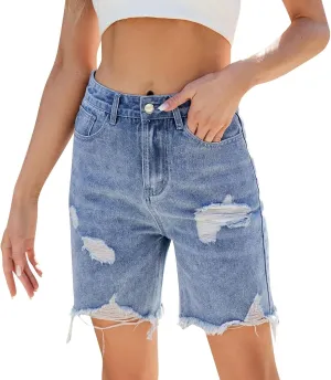 High Waisted Shorts Women Denim Xs - Bermuda Mid-Rise Butt Lift Summer Long Denim 5 Inch Inseam with Multi Pockets