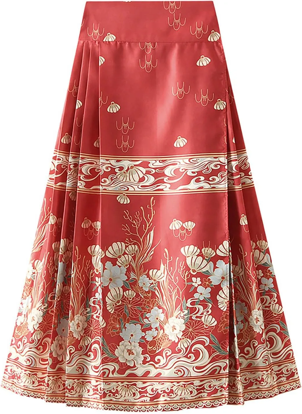 High Waisted Skirts for Women Flower Print Pleated Tie Up A-Line Long Skirt Hanfu Chinese Style Horse Face Skirt