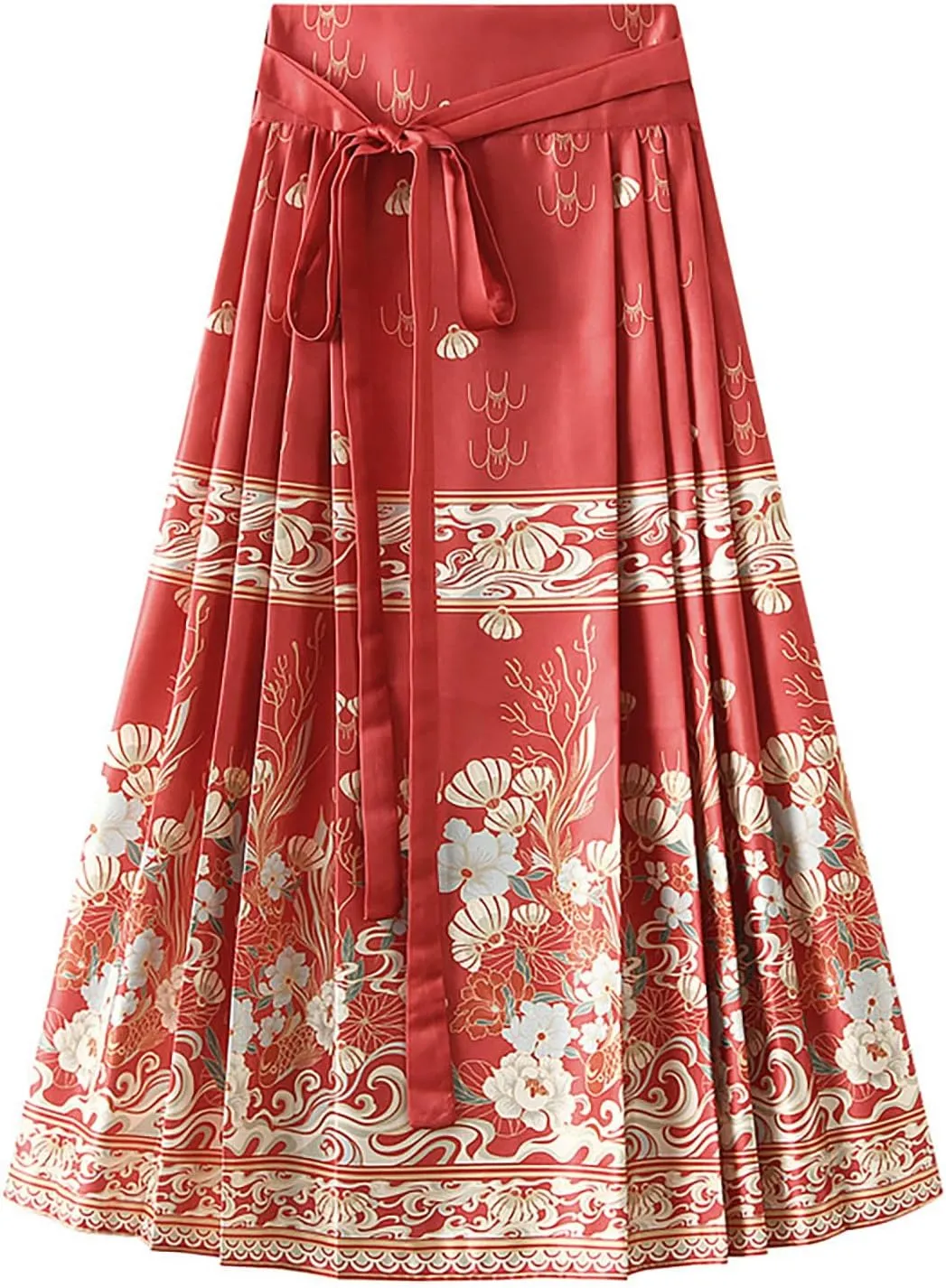 High Waisted Skirts for Women Flower Print Pleated Tie Up A-Line Long Skirt Hanfu Chinese Style Horse Face Skirt