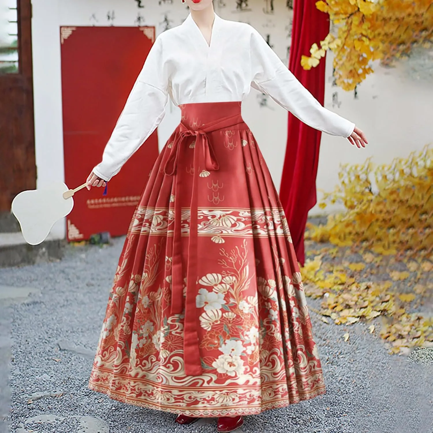 High Waisted Skirts for Women Flower Print Pleated Tie Up A-Line Long Skirt Hanfu Chinese Style Horse Face Skirt