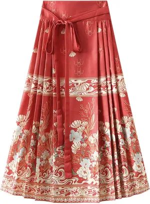 High Waisted Skirts for Women Flower Print Pleated Tie Up A-Line Long Skirt Hanfu Chinese Style Horse Face Skirt