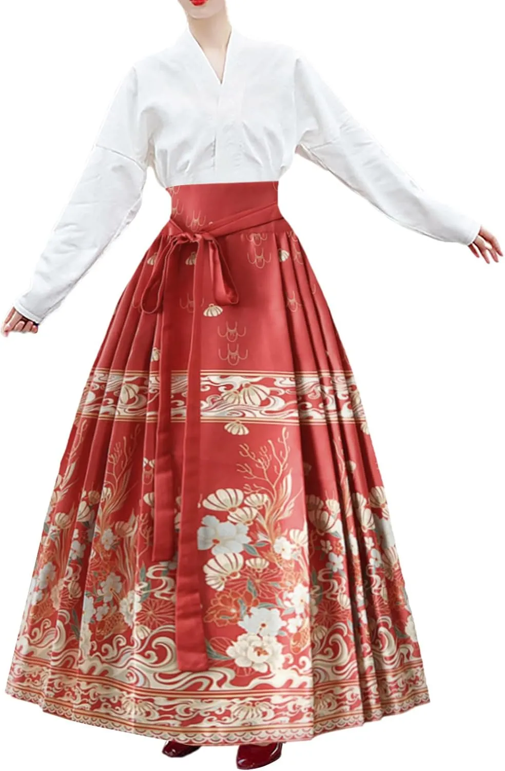 High Waisted Skirts for Women Flower Print Pleated Tie Up A-Line Long Skirt Hanfu Chinese Style Horse Face Skirt