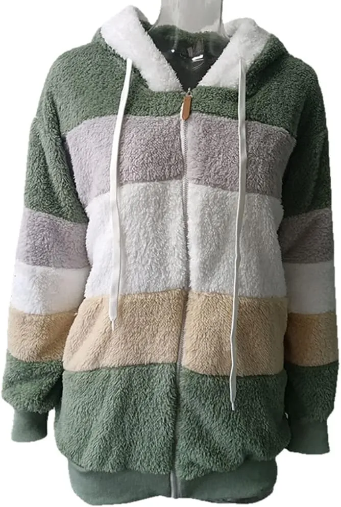 Janepam Women Coat Jacket Hooded Solid/Color Block Flannel Fleece Lined Plus Size Pocket Loose Zipper Warm Outerwear