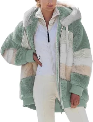 Janepam Women Coat Jacket Hooded Solid/Color Block Flannel Fleece Lined Plus Size Pocket Loose Zipper Warm Outerwear