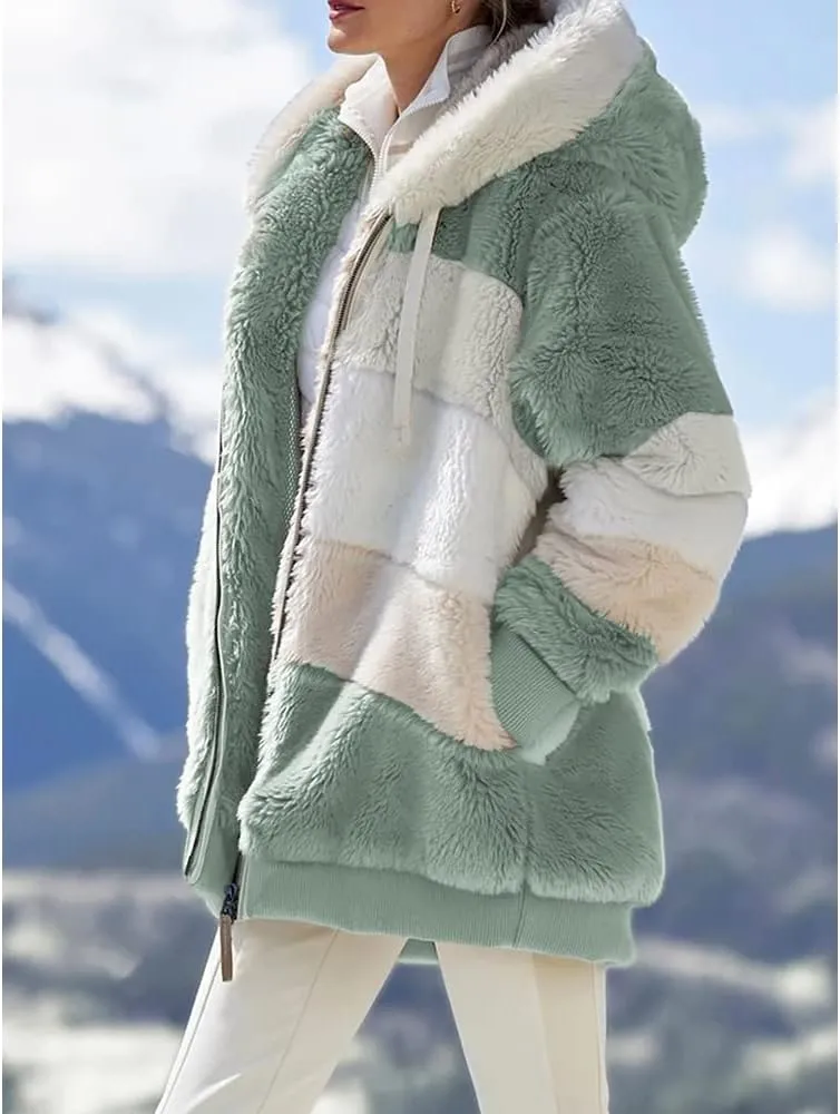 Janepam Women Coat Jacket Hooded Solid/Color Block Flannel Fleece Lined Plus Size Pocket Loose Zipper Warm Outerwear
