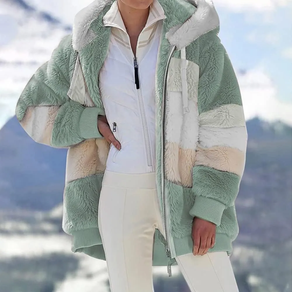 Janepam Women Coat Jacket Hooded Solid/Color Block Flannel Fleece Lined Plus Size Pocket Loose Zipper Warm Outerwear