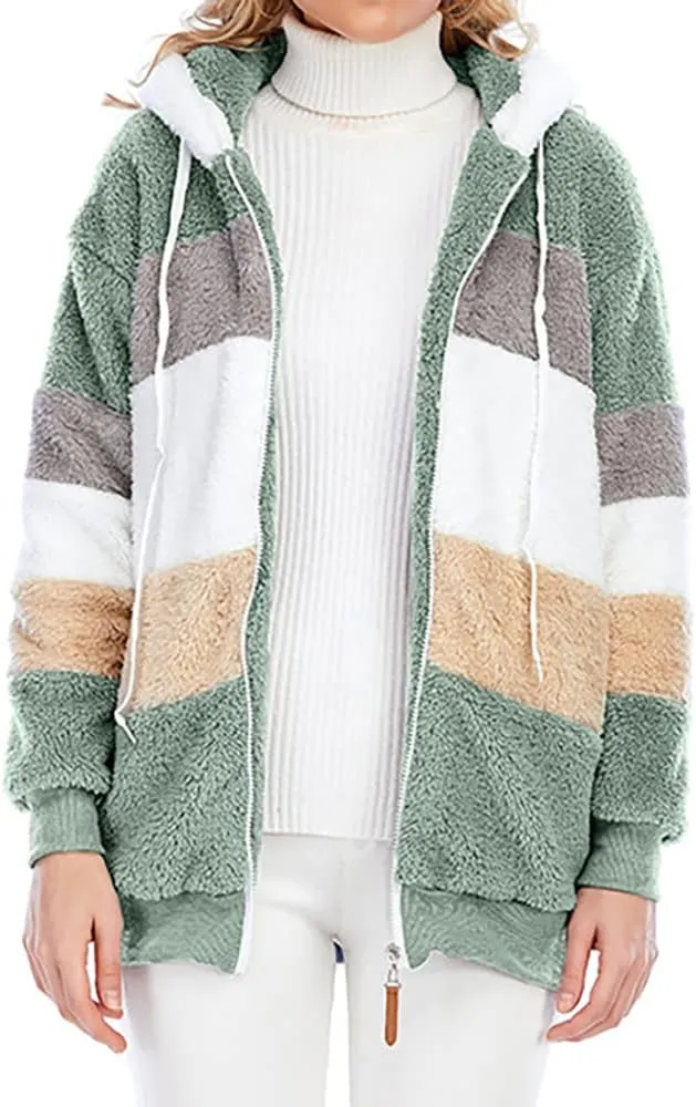 Janepam Women Coat Jacket Hooded Solid/Color Block Flannel Fleece Lined Plus Size Pocket Loose Zipper Warm Outerwear