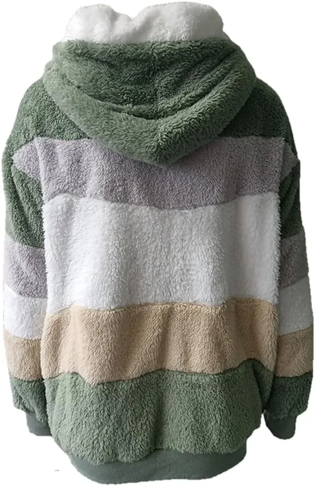 Janepam Women Coat Jacket Hooded Solid/Color Block Flannel Fleece Lined Plus Size Pocket Loose Zipper Warm Outerwear