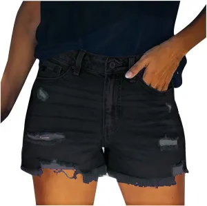 Jean Shorts Womens Mid-High Waisted Jean Shorts Distressed Skinny Denim Shorts Summer Hot Raw Hem Casual Shorts