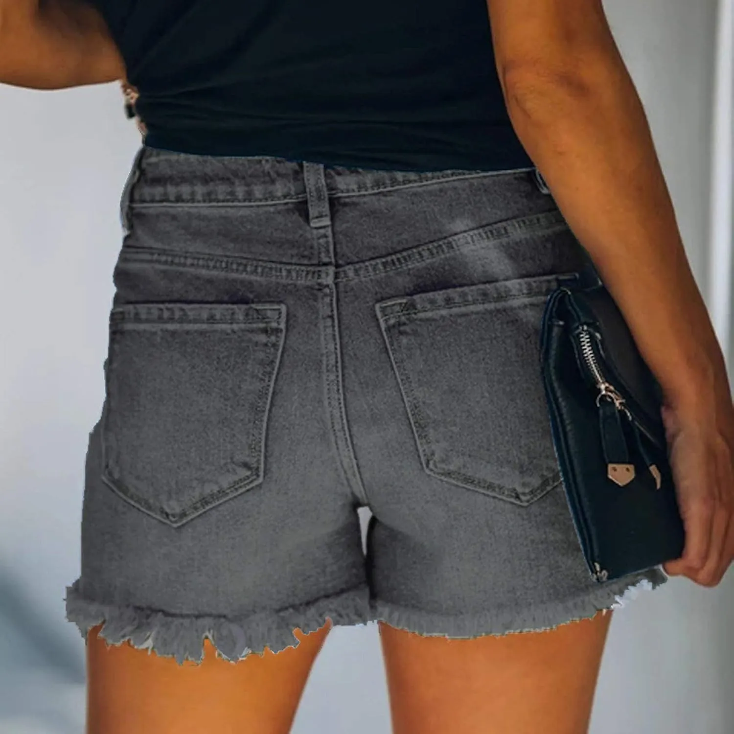 Jean Shorts Womens Mid-High Waisted Jean Shorts Distressed Skinny Denim Shorts Summer Hot Raw Hem Casual Shorts
