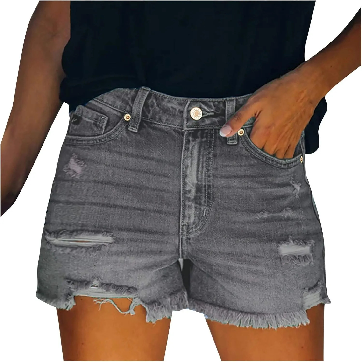 Jean Shorts Womens Mid-High Waisted Jean Shorts Distressed Skinny Denim Shorts Summer Hot Raw Hem Casual Shorts