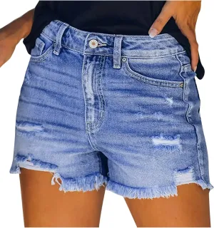 Jean Shorts Womens Mid-High Waisted Jean Shorts Distressed Skinny Denim Shorts Summer Hot Raw Hem Casual Shorts