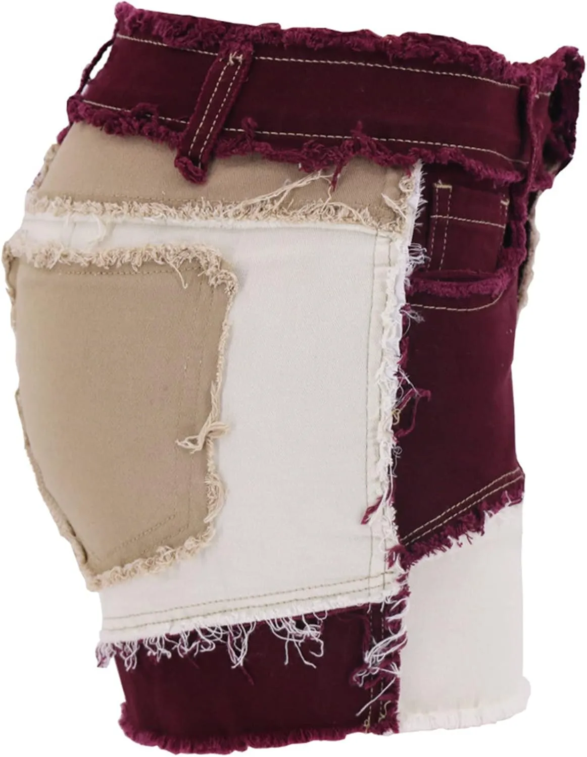 JEKE-DG Womens Mid Rise Stretchy Patchwork Jeans Color Block Leg Raw Hem Denim Shorts Raw Frayed Casual Denim Shorts