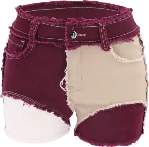 JEKE-DG Womens Mid Rise Stretchy Patchwork Jeans Color Block Leg Raw Hem Denim Shorts Raw Frayed Casual Denim Shorts