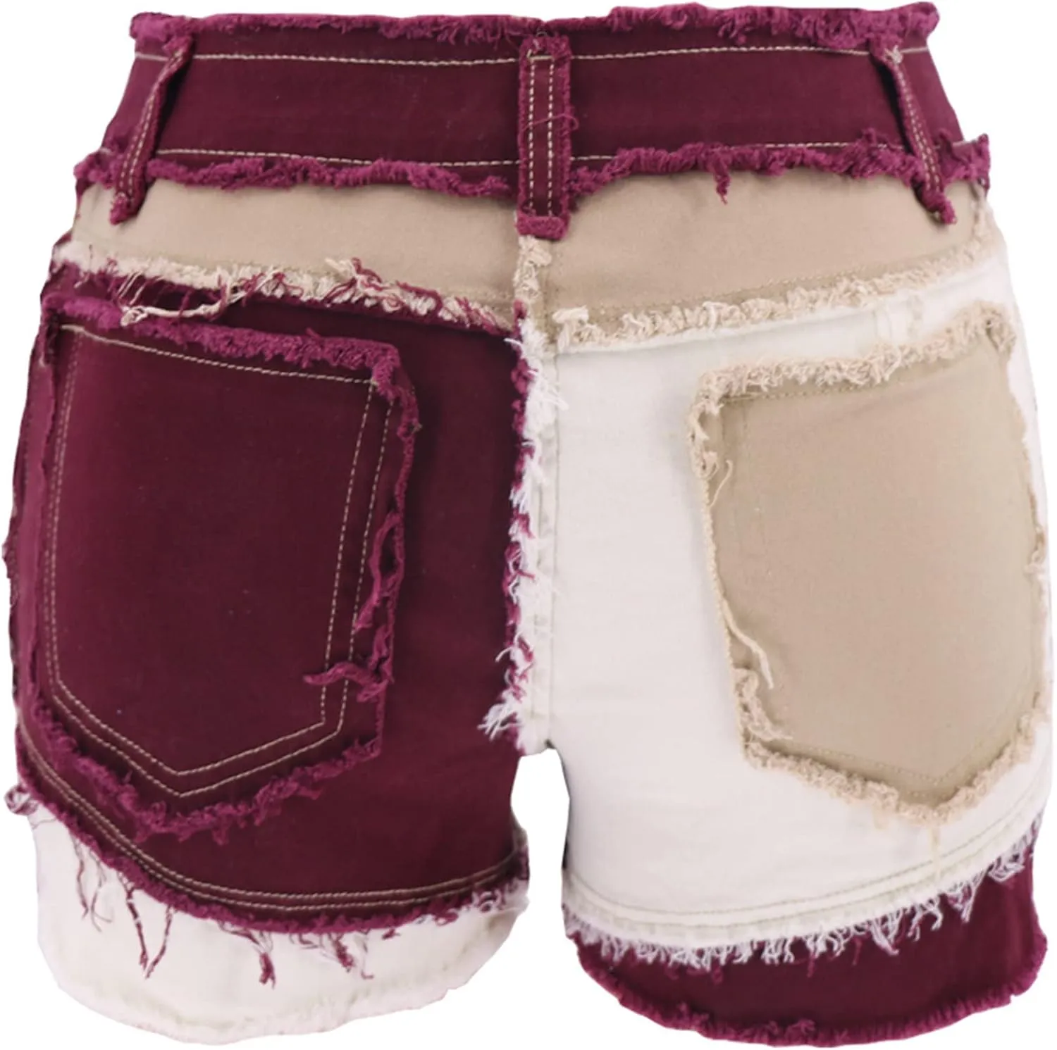 JEKE-DG Womens Mid Rise Stretchy Patchwork Jeans Color Block Leg Raw Hem Denim Shorts Raw Frayed Casual Denim Shorts