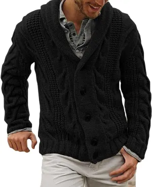 JEsilunmaMY Mens Cable Knit Casual Cardigan Sweaters Button Down Shawl Collar Fall Winter Sweaters Warm Thicken Knitwear