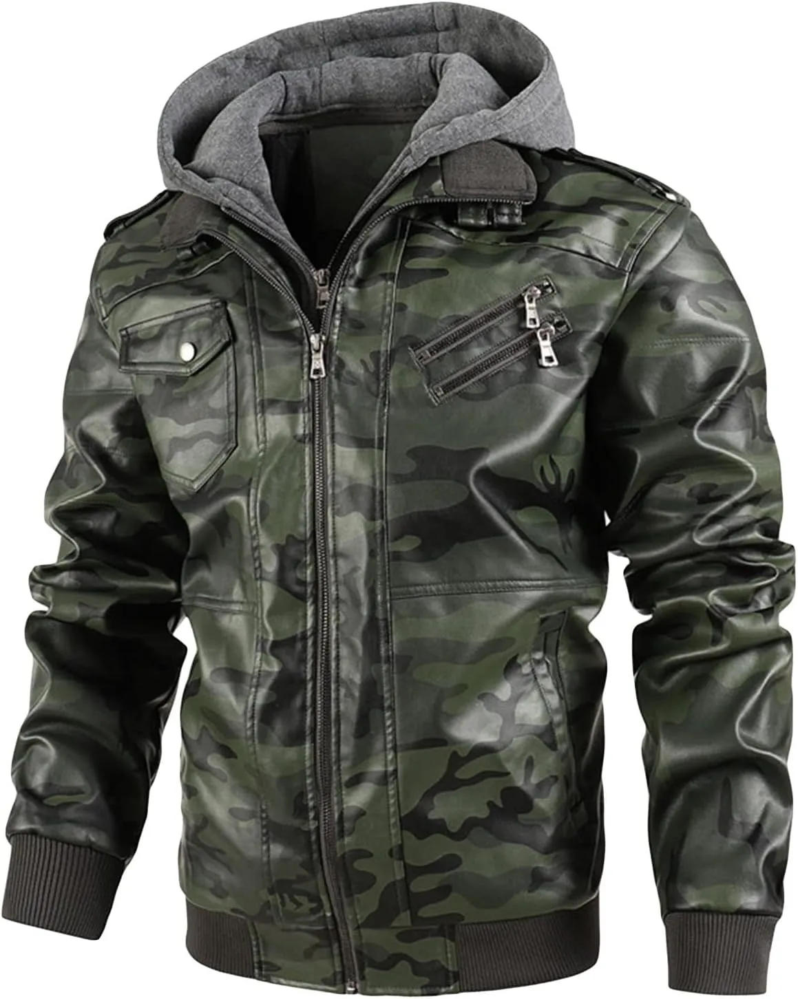 JEsilunmaMY Men's Camo Hoodie Leather Jackets Slim Fit Zip Up Military Outdoor Bomber Jacket Multi-Pocket Moto Biker Coat