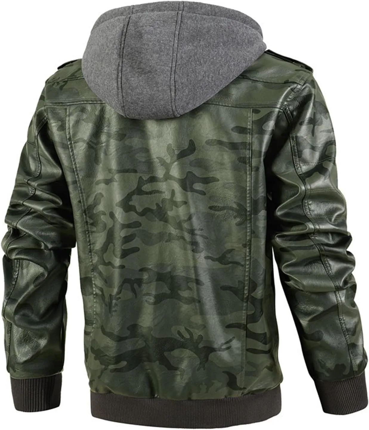 JEsilunmaMY Men's Camo Hoodie Leather Jackets Slim Fit Zip Up Military Outdoor Bomber Jacket Multi-Pocket Moto Biker Coat