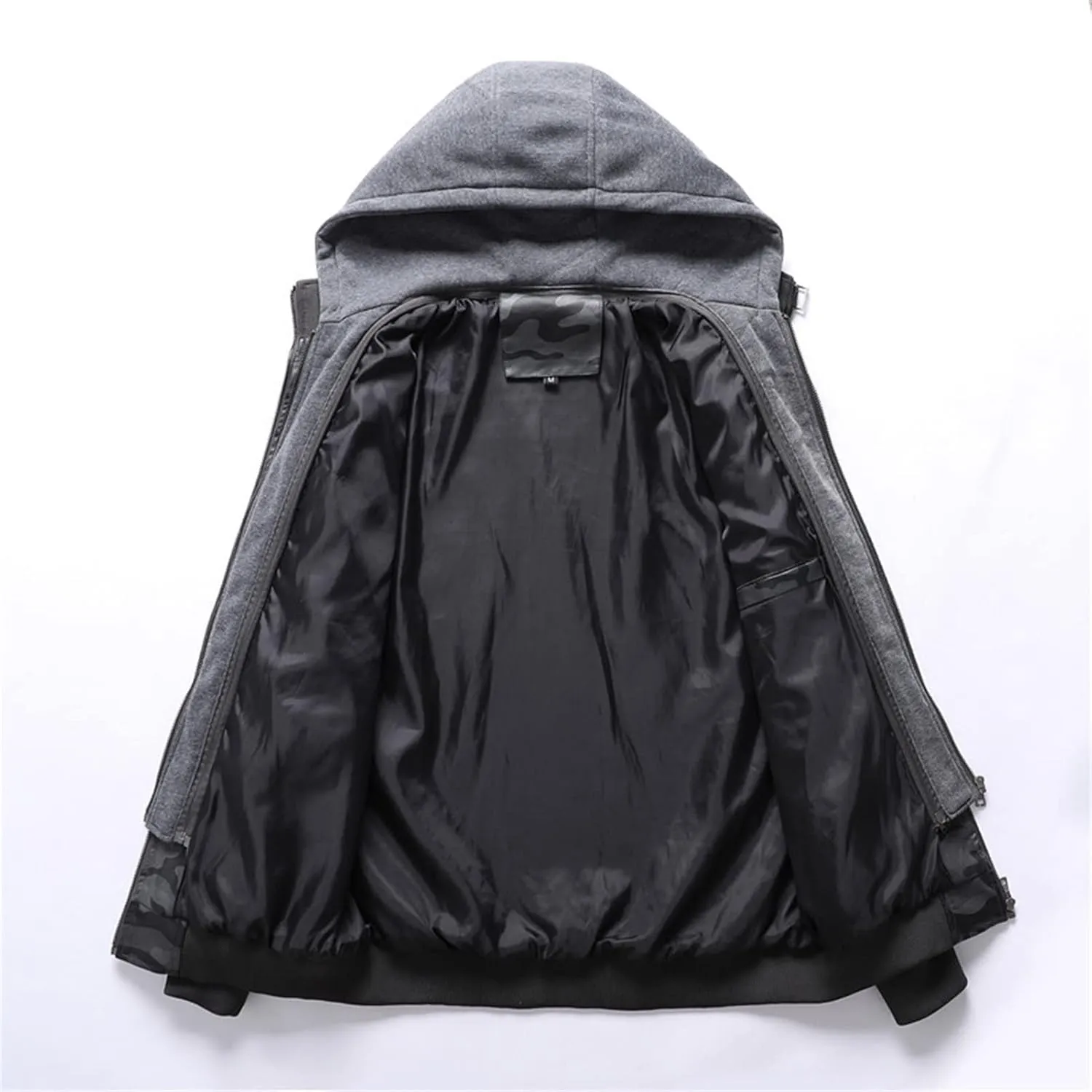 JEsilunmaMY Men's Camo Hoodie Leather Jackets Slim Fit Zip Up Military Outdoor Bomber Jacket Multi-Pocket Moto Biker Coat